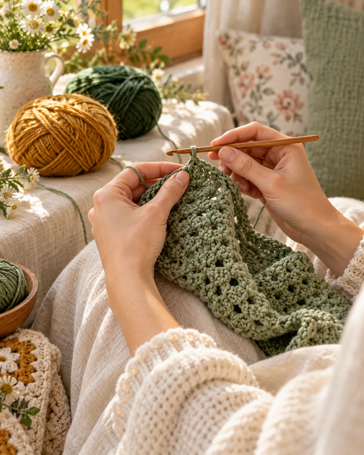 Huda crocheting with a wooden hook by a sunny window