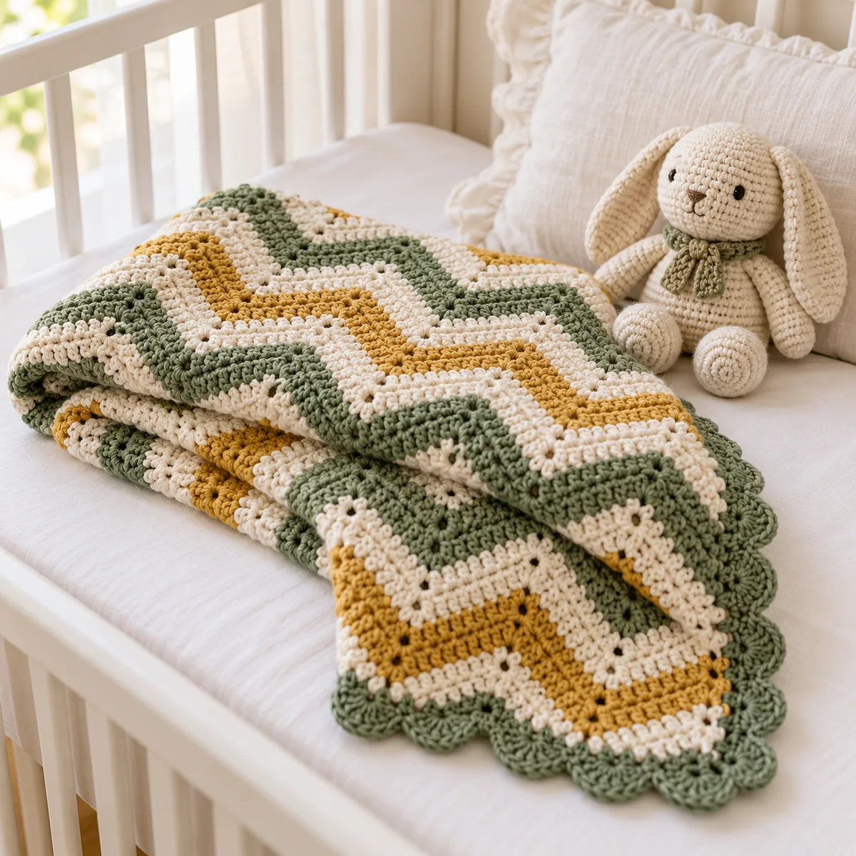 Soft handmade crochet baby blanket in cream, sage and mustard chevron stripes