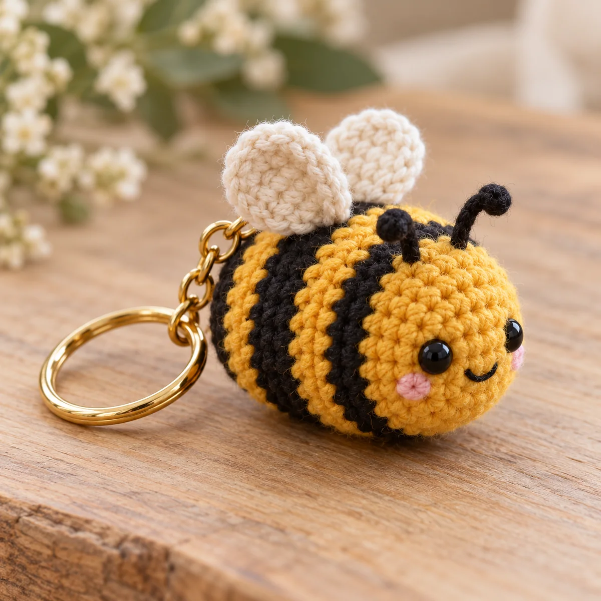 Handmade crochet bumble bee keychain in mustard and black on a wooden surface