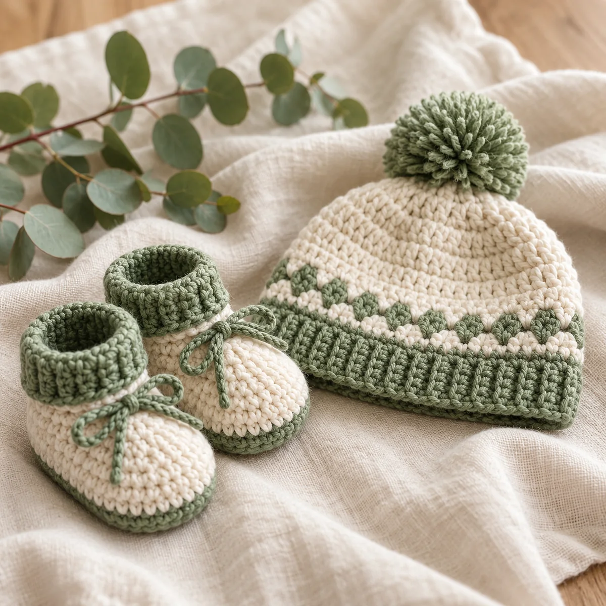 Handmade crochet newborn booties and pom-pom beanie set in cream and sage