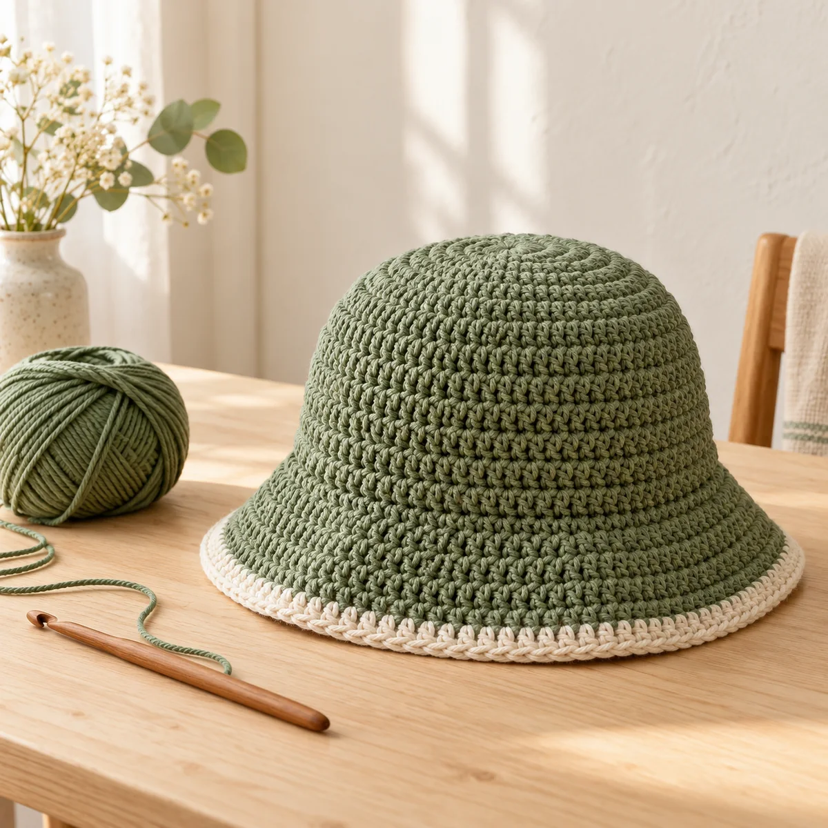 Handmade crochet bucket hat in sage green with a cream brim edge