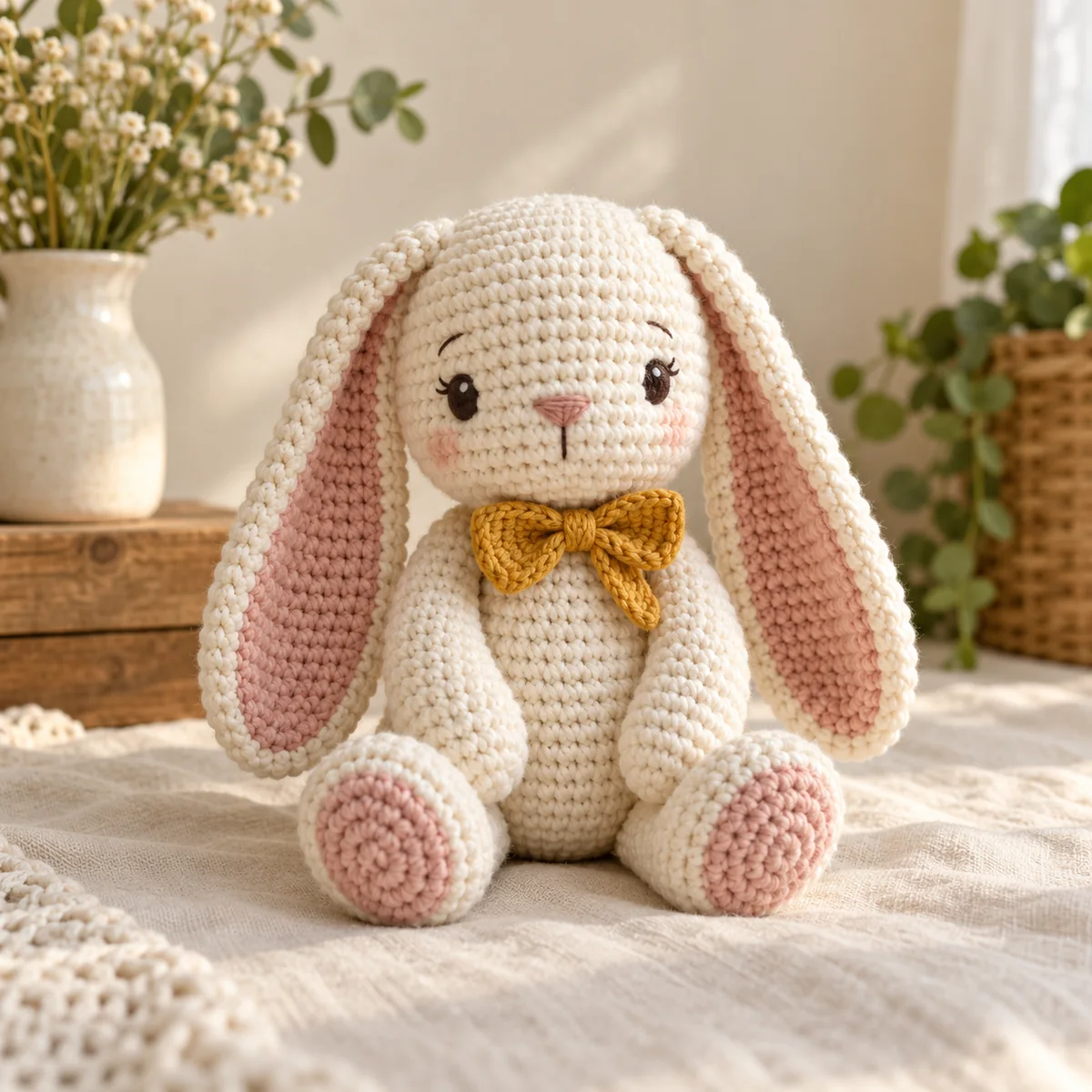 Handmade amigurumi crochet bunny in cream with blush ears and a mustard bow