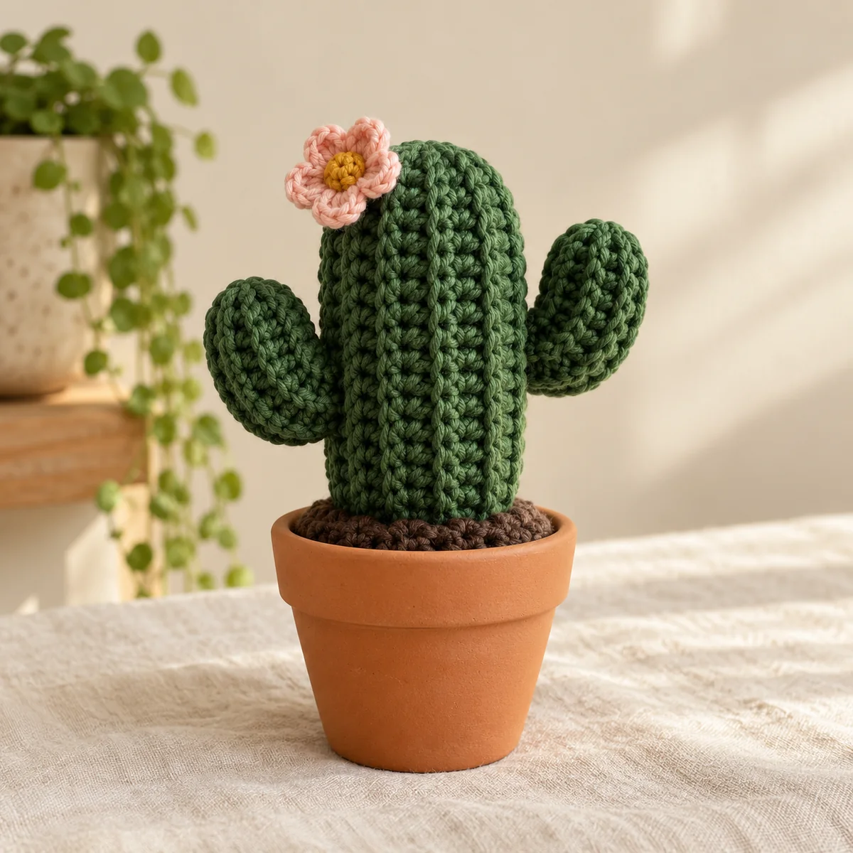 Handmade amigurumi crochet cactus with a pink flower in a terracotta pot