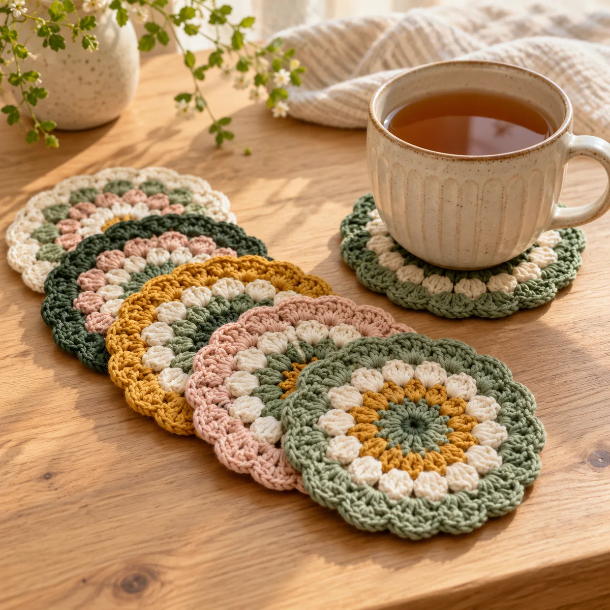 Set of six round handmade crochet coasters in sage, cream, mustard and blush
