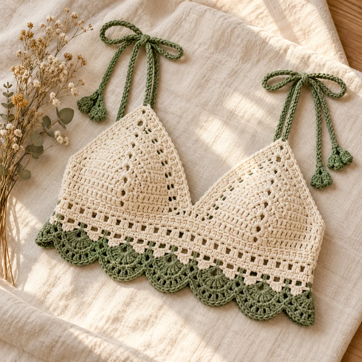 Handmade crochet crop top in cream with a sage green scalloped hem laid flat