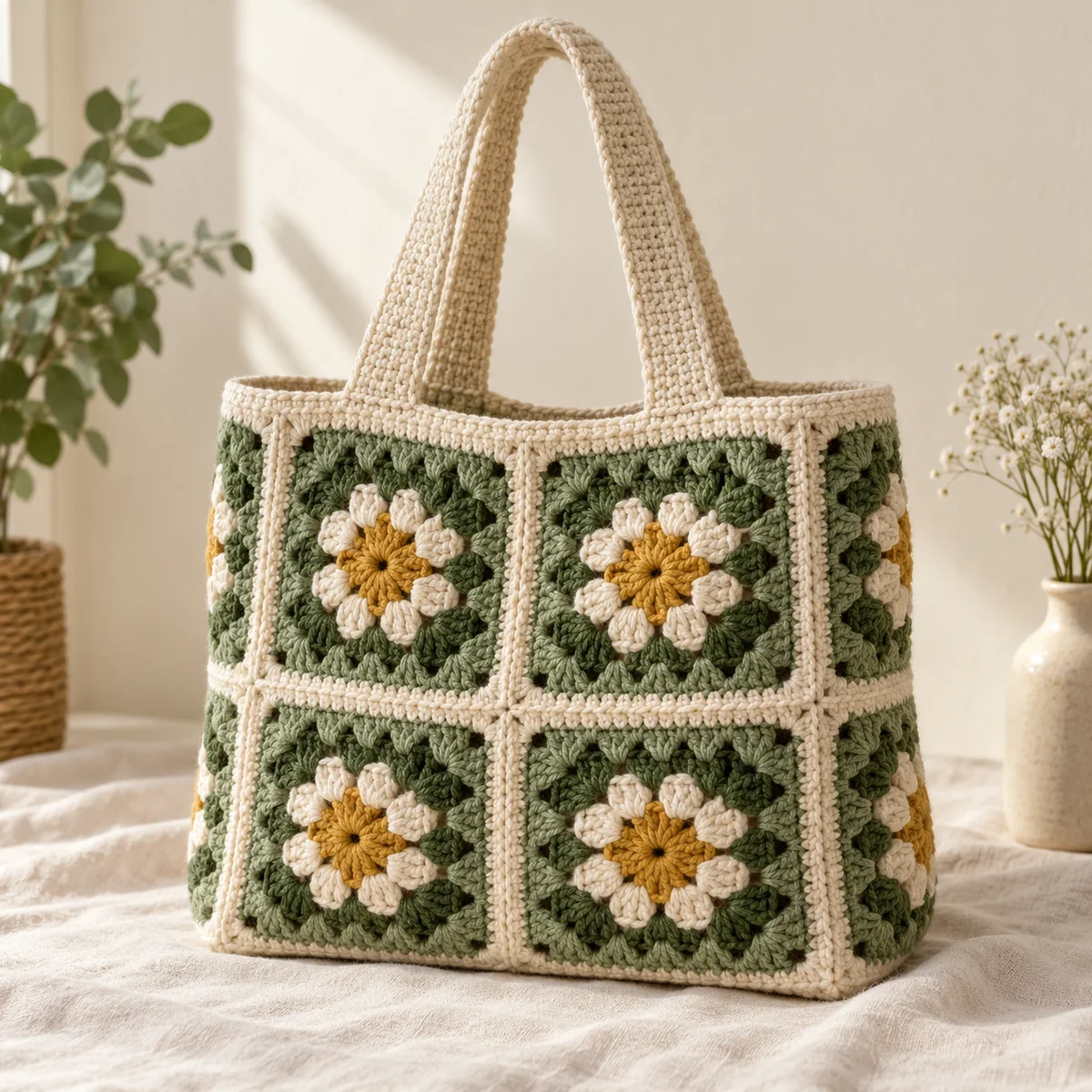 Handmade crochet granny square tote bag in sage green, cream and mustard
