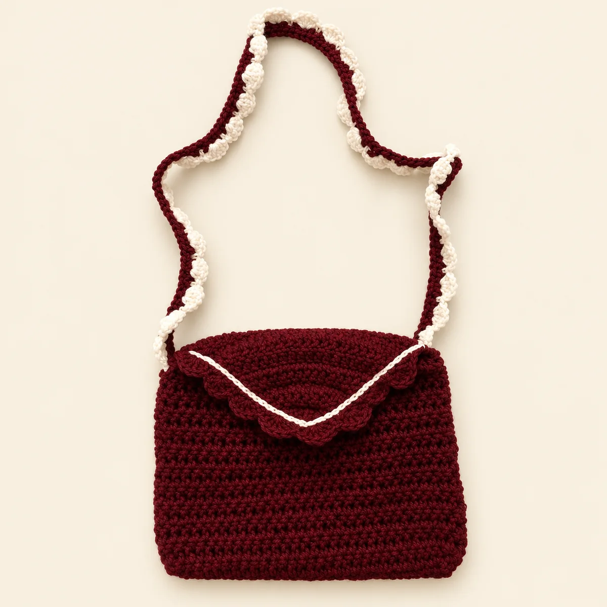 Handmade maroon crochet crossbody bag with a white scalloped flap and ruffled strap