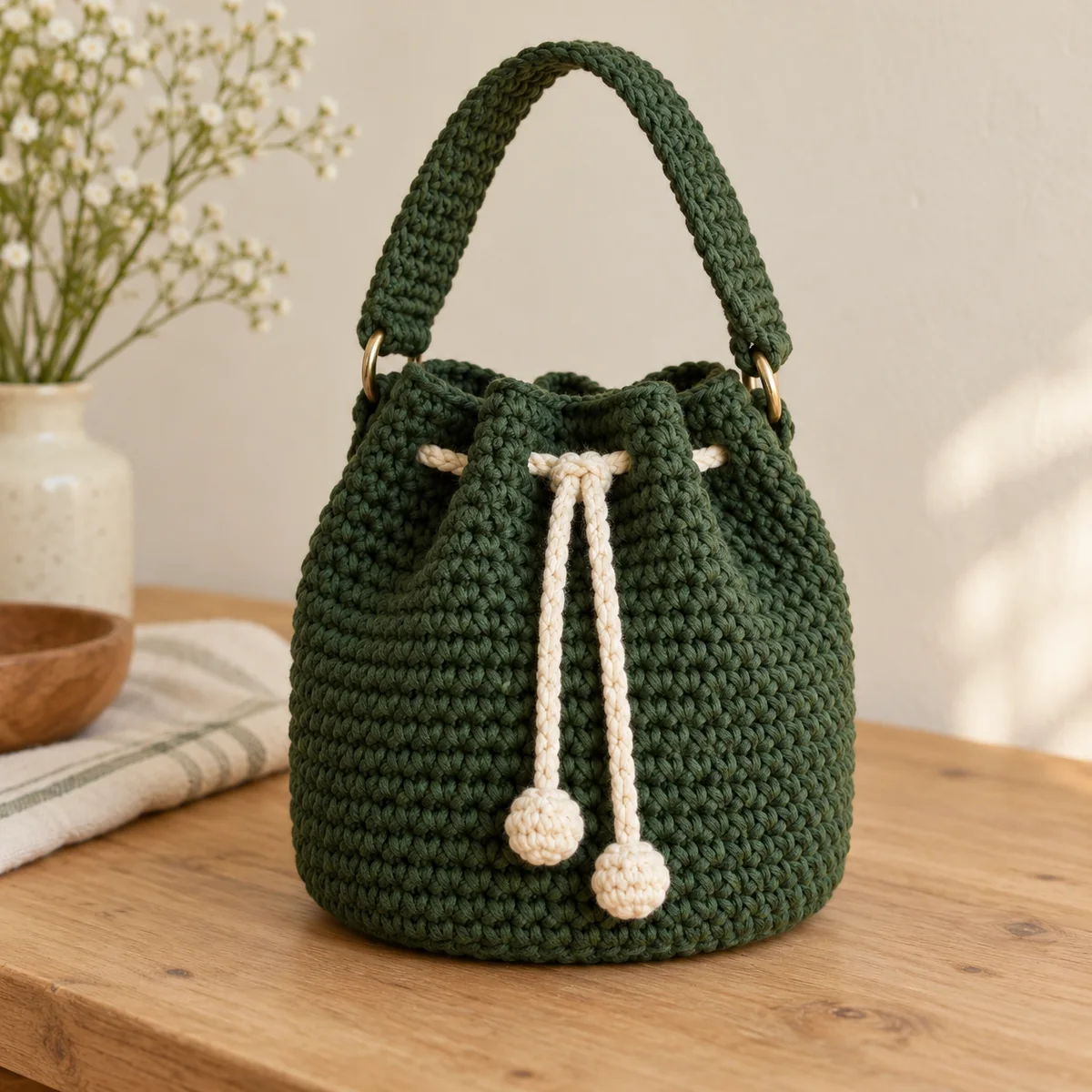 Handmade crochet mini bucket bag in forest green with cream drawstring