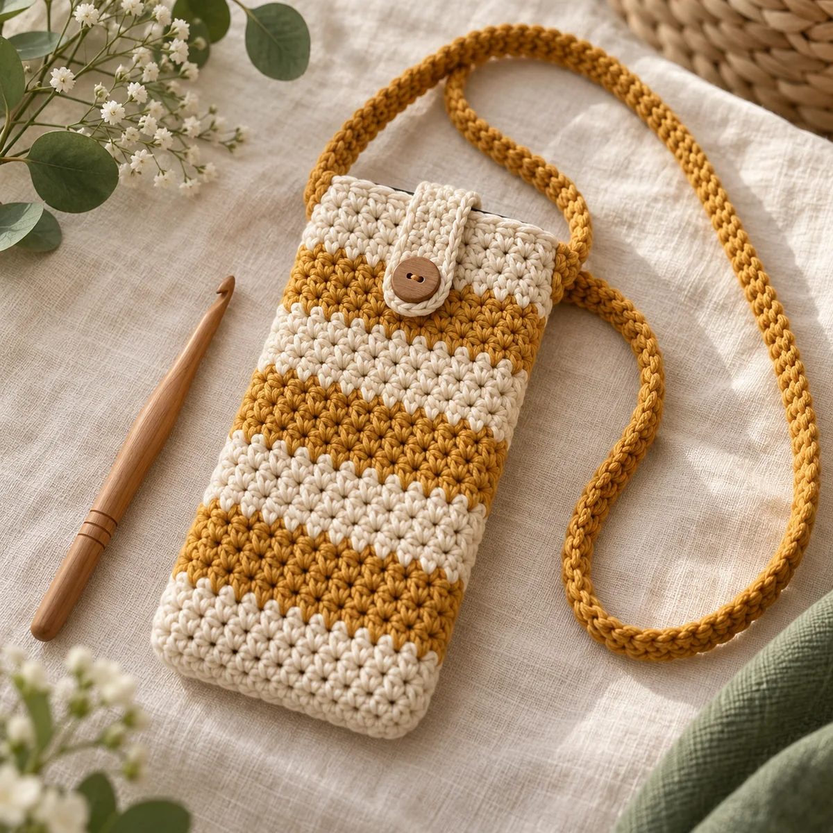 Handmade crochet phone sling pouch in cream and mustard stripes
