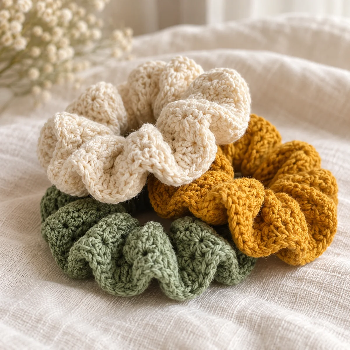 Three handmade crochet scrunchies in cream, mustard and sage stacked on linen