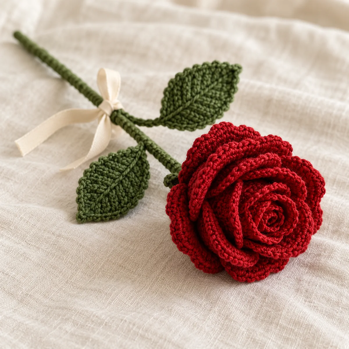 A single handmade crochet rose in deep red with a green stem on cream linen