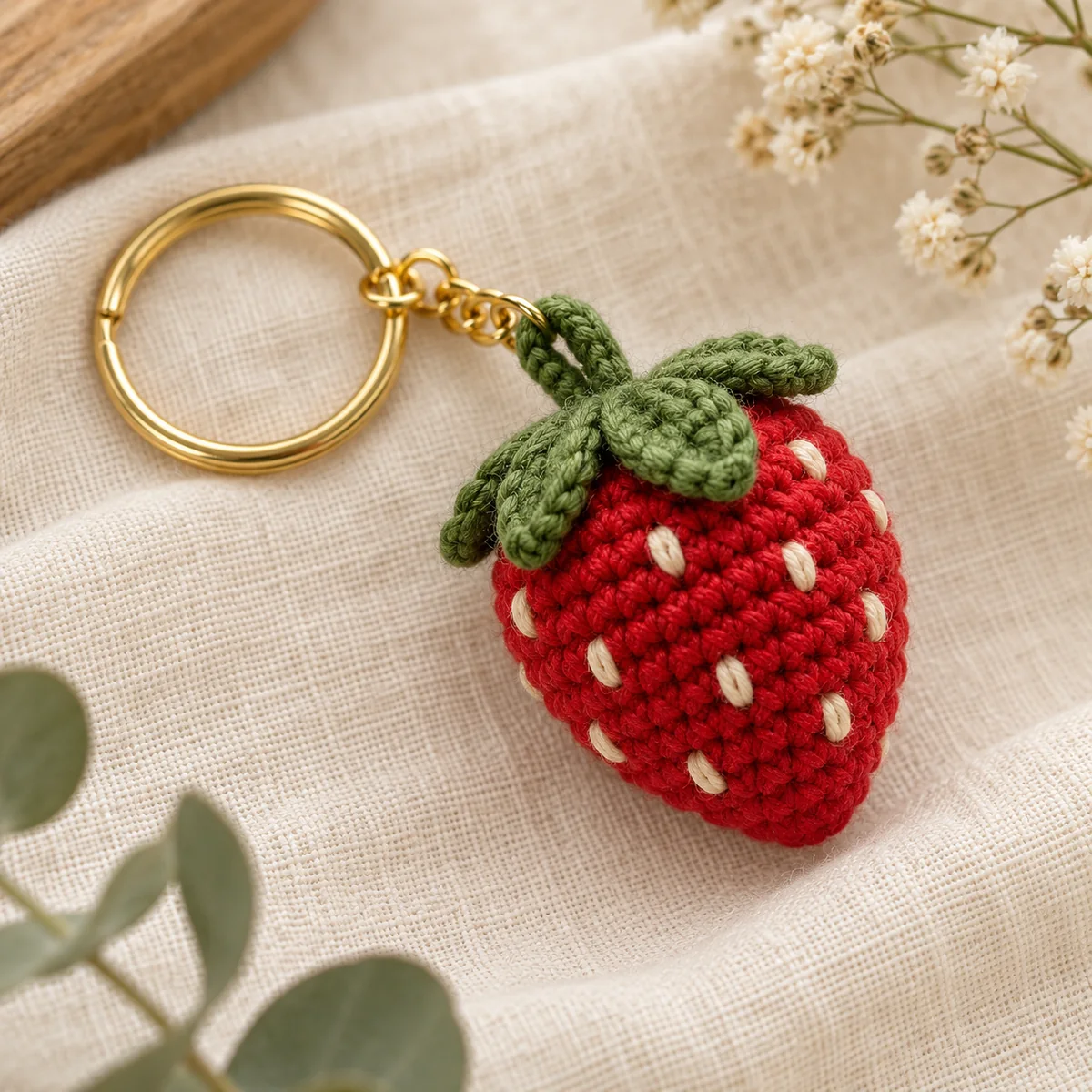 Handmade crochet strawberry keychain with gold key ring on cream linen