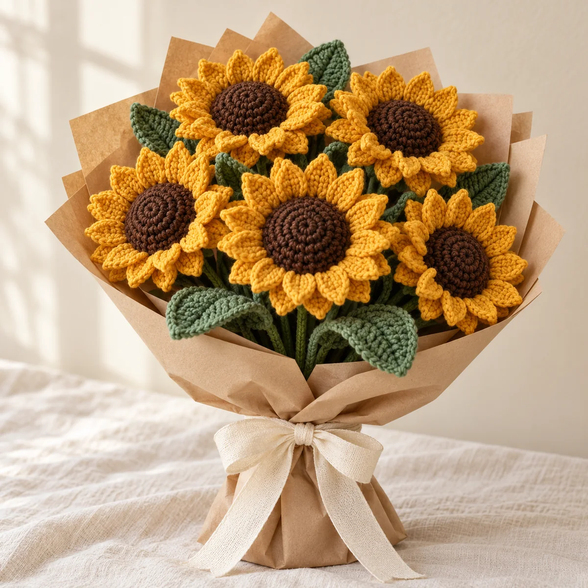 Bouquet of five handmade crochet sunflowers wrapped in kraft paper