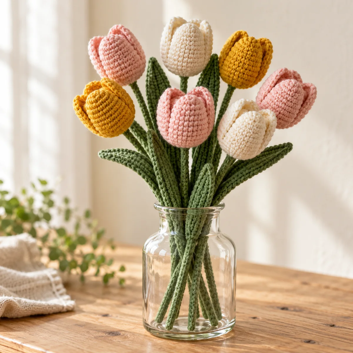 Seven handmade crochet tulips in blush pink, cream and mustard in a glass bottle